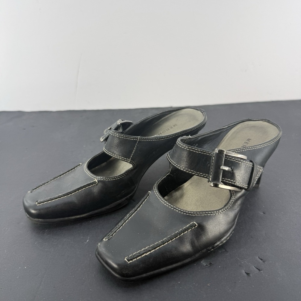 MERONA 5.5 Black Mary Jane Square Toe Stitching Detail MULES CLOGS HEELS EUC
